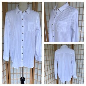 Caslon White Ribbed 100% Cotton Button Down Shirt Long Sleeve SZ M